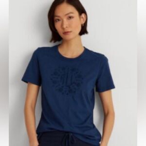 Lauren Ralph Lauren T-shirt Indigo Blue with Eyelet Logo Size Small